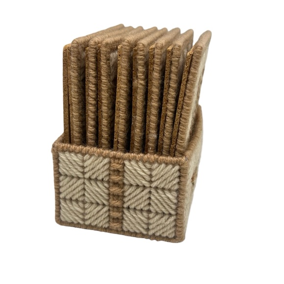 (8) Vintage Handmade Needle Point Canvas Art Coaster Set with Holder FALL Decor - Picture 4 of 12